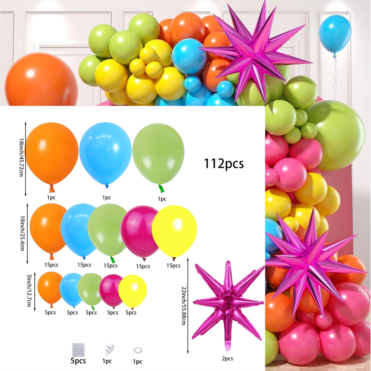 Rainbow Balloon Lei Arch with Roses Red Yellow Orange Blue Green Latex Balloons for Birthday Hawaiian Style Party Decoration