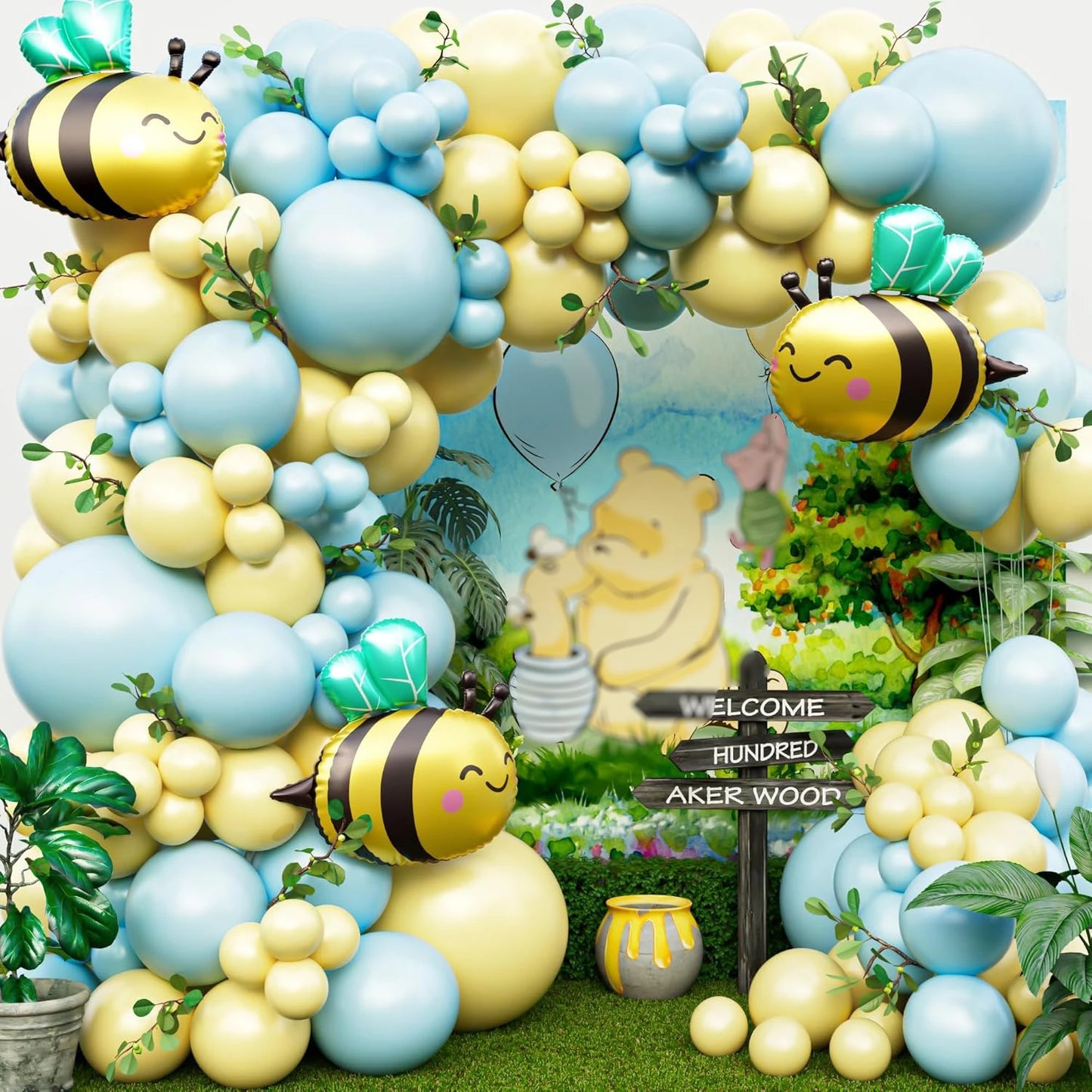 Pink and Yellow bule Balloons for Honeycomb Bear Birthday Decorations & Baby Shower Balloons-  Pooh balloons large bee balloons