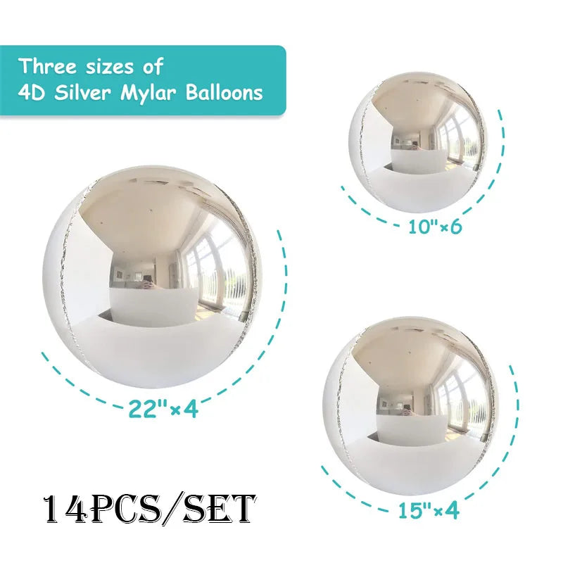 14pcs Silver Black Foil Balloons Mylar Balloons 22in 15in 10in 4D Round Balloons Large Metallic Balloons Chrome Balloons Decor