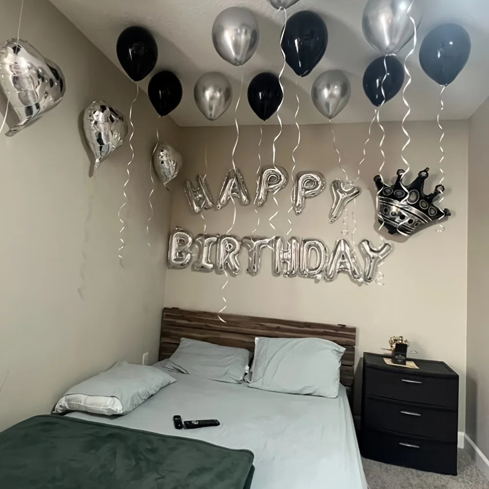 [Birthday Balloon Set] 16inch Silvery Alphabet Balloons, 18inch Black&Silvery Heart Balloons Used for Birthday Party Decoration
