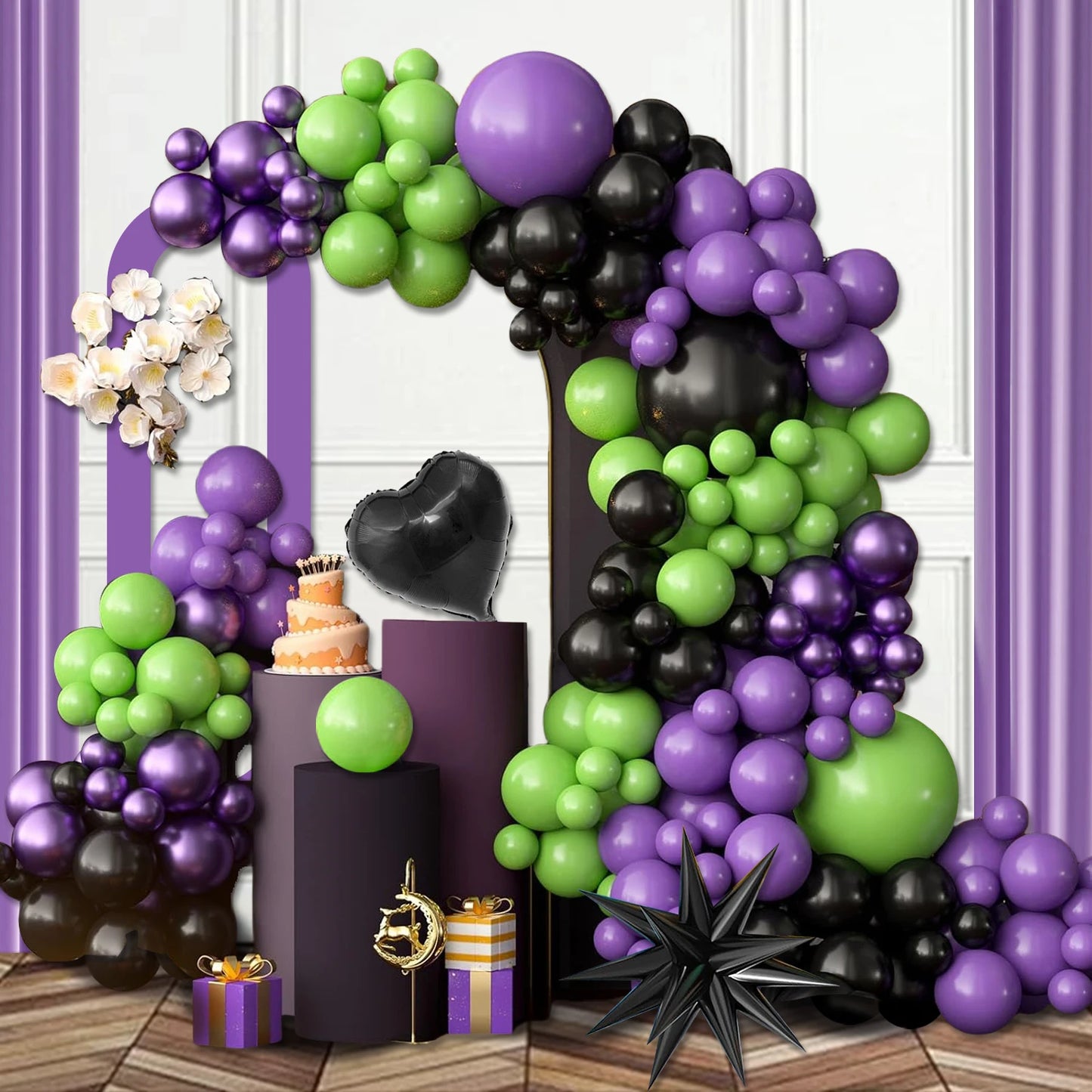 117 Pieces of Green, Purple, and Black Balloons, Metallic Purple Balloons for Party Decorations, Birthdays, Bridal Showers