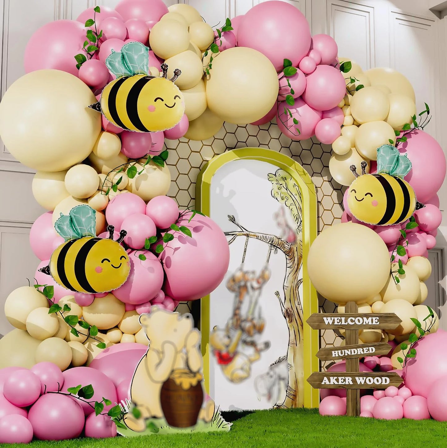 Pink and Yellow bule Balloons for Honeycomb Bear Birthday Decorations & Baby Shower Balloons-  Pooh balloons large bee balloons