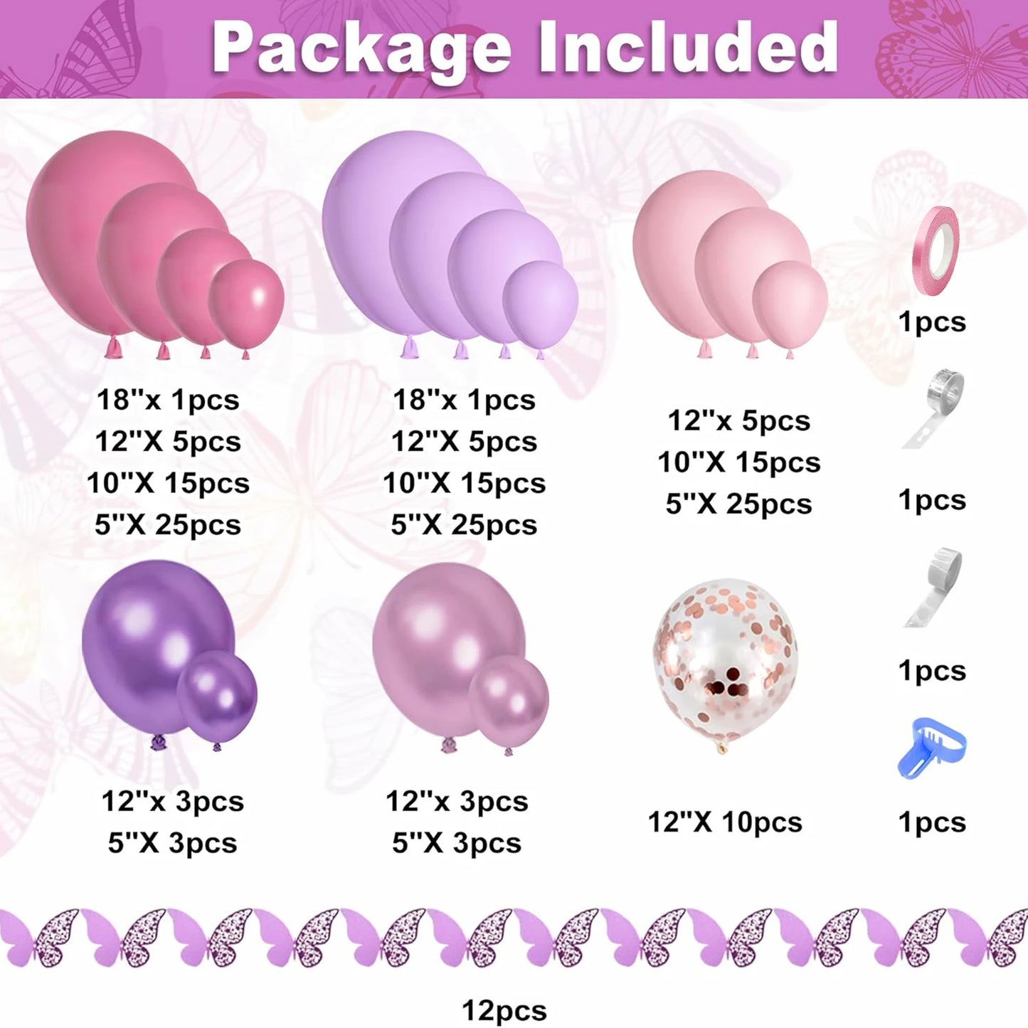 159pcs pink and purple latex balloon set suitable for birthday parties, weddings, Valentine's Day party decoration