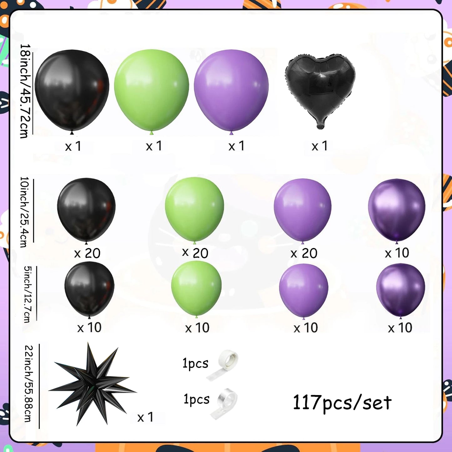 117 Pieces of Green, Purple, and Black Balloons, Metallic Purple Balloons for Party Decorations, Birthdays, Bridal Showers