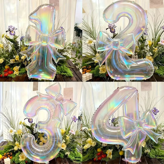 2pcs Colorful Transparent Digital Balloon 0-9 Colorful Bow Balloon, Used for Birthday Parties and Anniversary Decoration