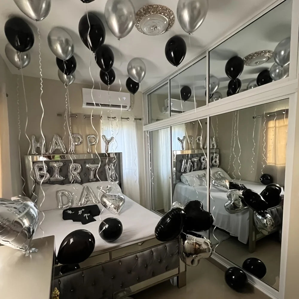 [Birthday Balloon Set] 16inch Silvery Alphabet Balloons, 18inch Black&Silvery Heart Balloons Used for Birthday Party Decoration