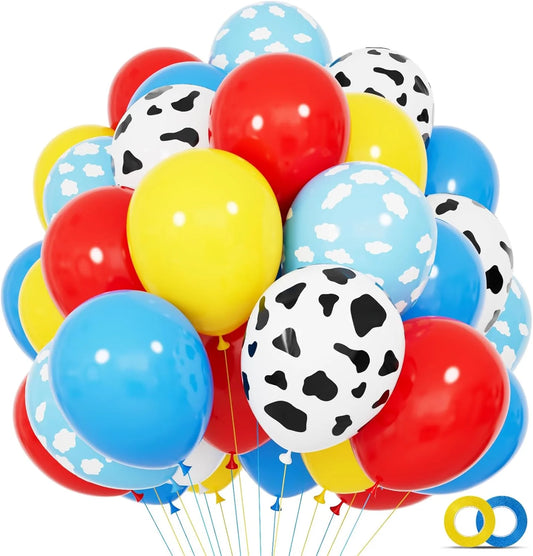 68 Pcs Toy Balloons 12Inch Red Blue Yellow Balloons With Cow Print Sky Blue Cloud Balloons For Kids Inspired Story Party Decor