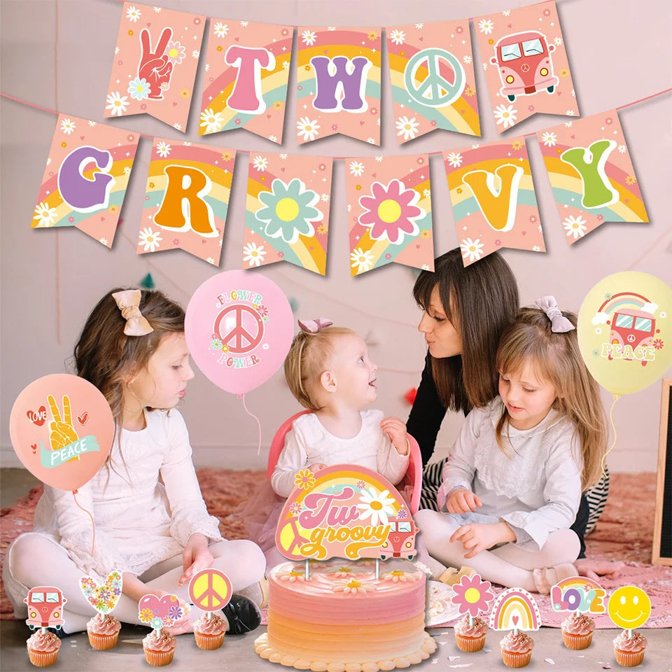 15pcs Hippie Two Groovy Bohemian Rainbow Bus Balloons For Bohemian Themed Kids Birthday Decoration Wedding Party Supplies