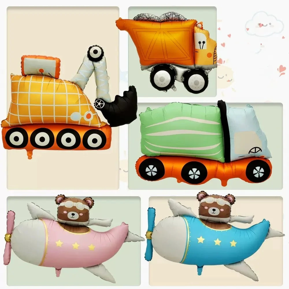 New matte aluminum film balloons cute cartoon airplane pink blue excavator car men's and women's birthday party decoration ballo