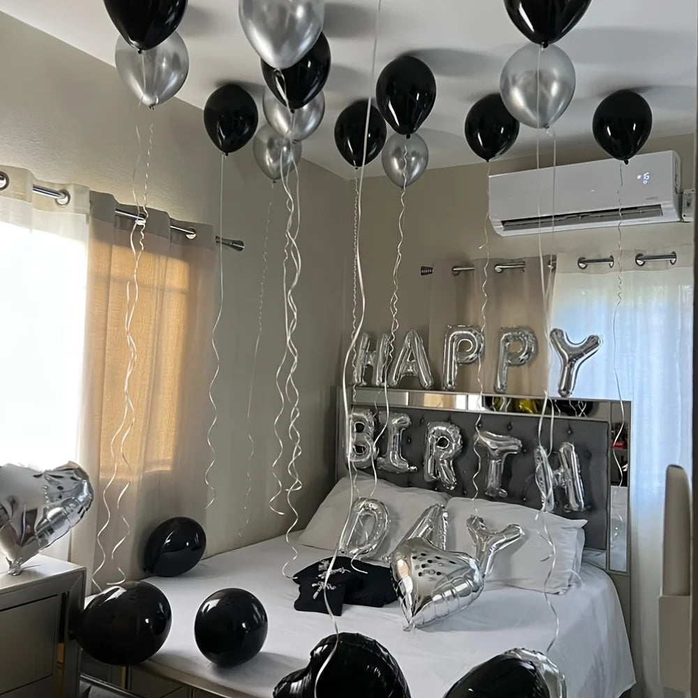 [Birthday Balloon Set] 16inch Silvery Alphabet Balloons, 18inch Black&Silvery Heart Balloons Used for Birthday Party Decoration