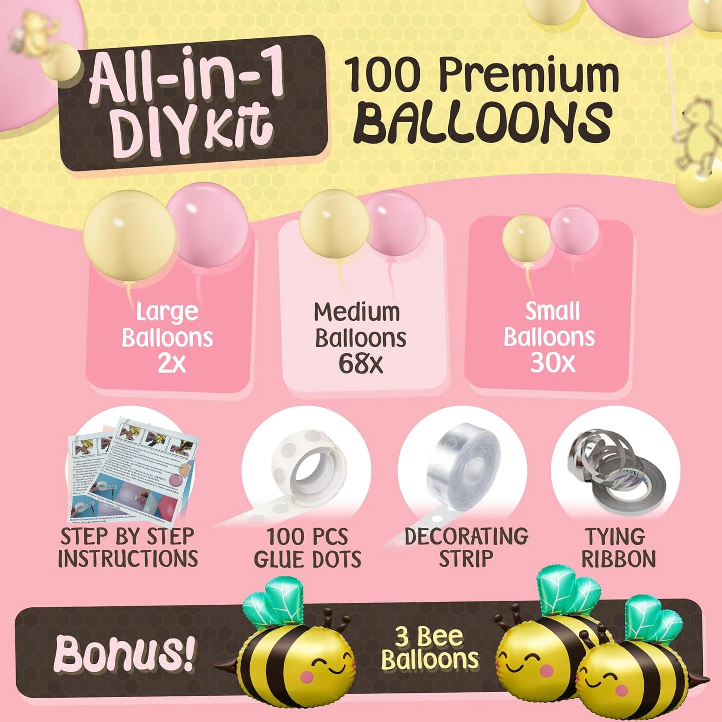 Pink and Yellow bule Balloons for Honeycomb Bear Birthday Decorations & Baby Shower Balloons-  Pooh balloons large bee balloons