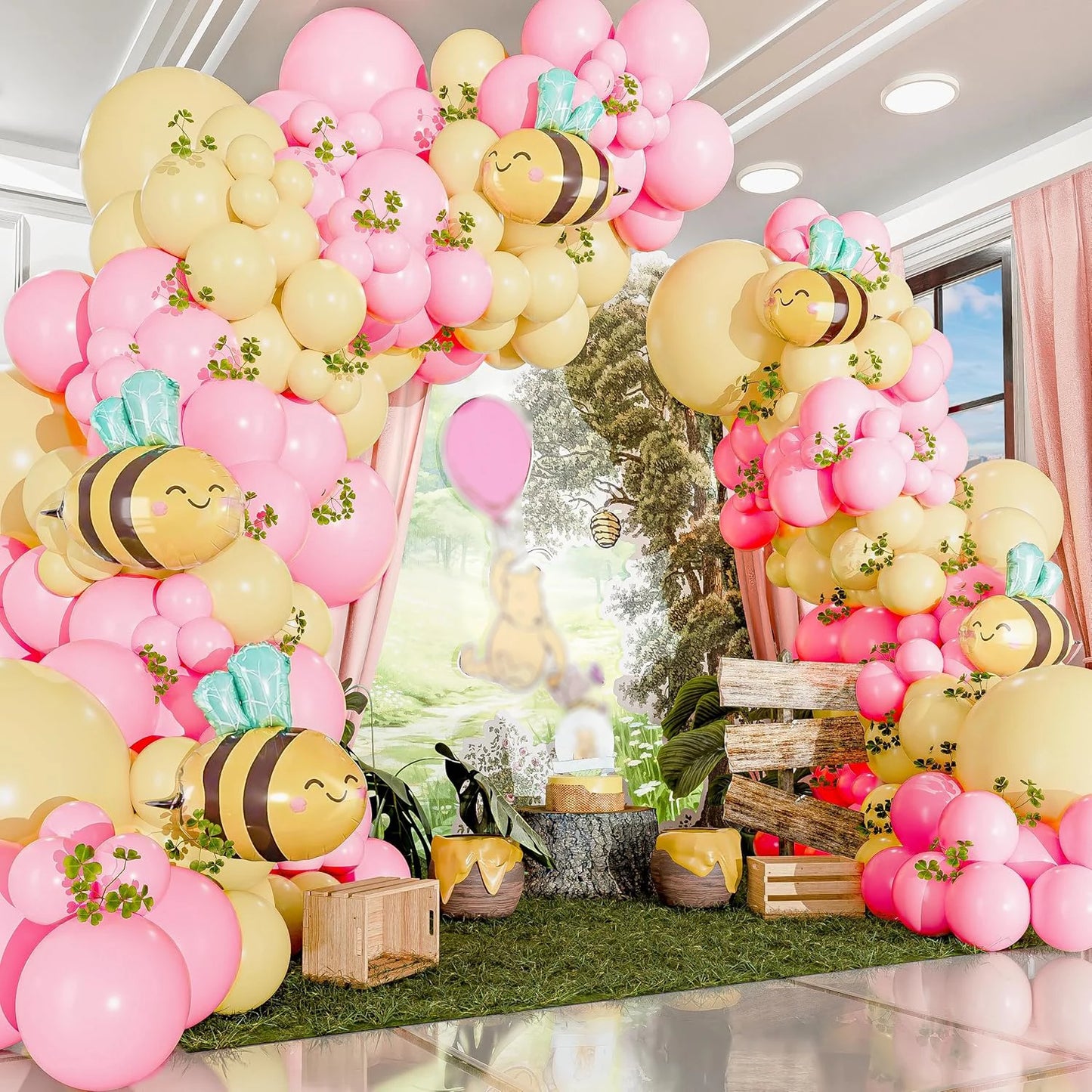 Pink and Yellow bule Balloons for Honeycomb Bear Birthday Decorations & Baby Shower Balloons-  Pooh balloons large bee balloons