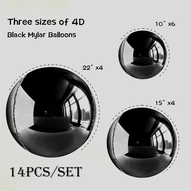 14pcs Silver Black Foil Balloons Mylar Balloons 22in 15in 10in 4D Round Balloons Large Metallic Balloons Chrome Balloons Decor