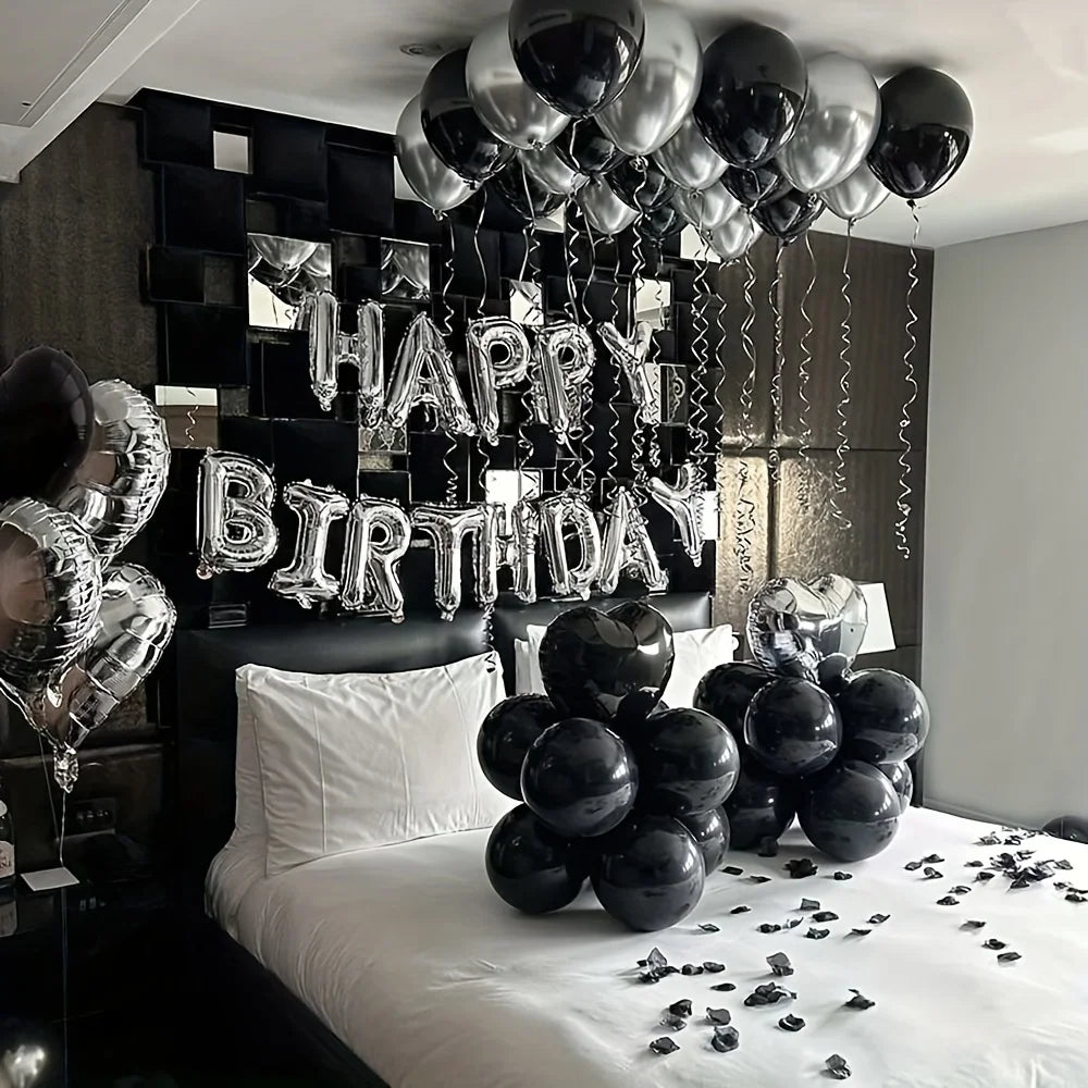 [Birthday Balloon Set] 16inch Silvery Alphabet Balloons, 18inch Black&Silvery Heart Balloons Used for Birthday Party Decoration