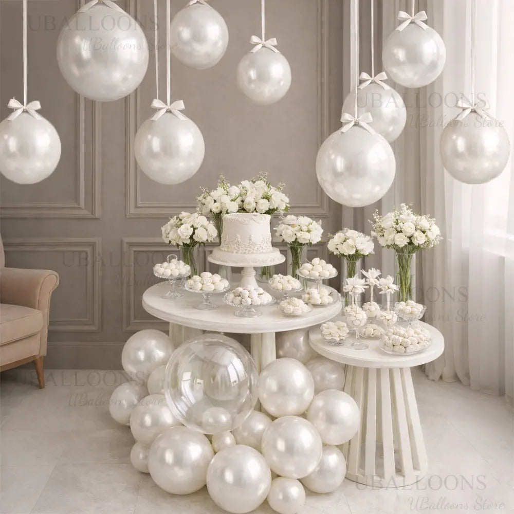 Pearl White Balloons Arch 5/12/18inch Glossy White Balloons with Ribbon for Birthday Wedding Baby Shower Party Hanging Decor