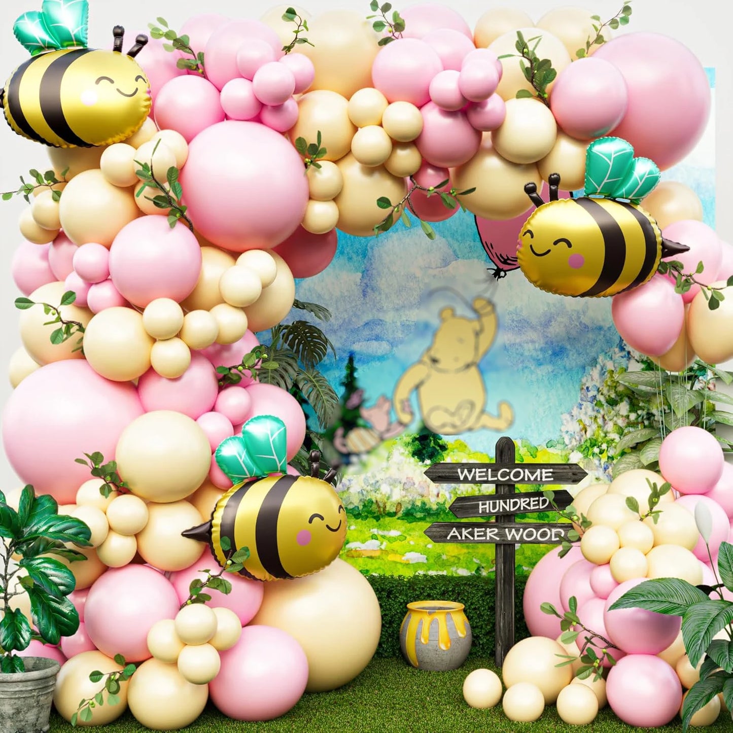 Pink and Yellow bule Balloons for Honeycomb Bear Birthday Decorations & Baby Shower Balloons-  Pooh balloons large bee balloons