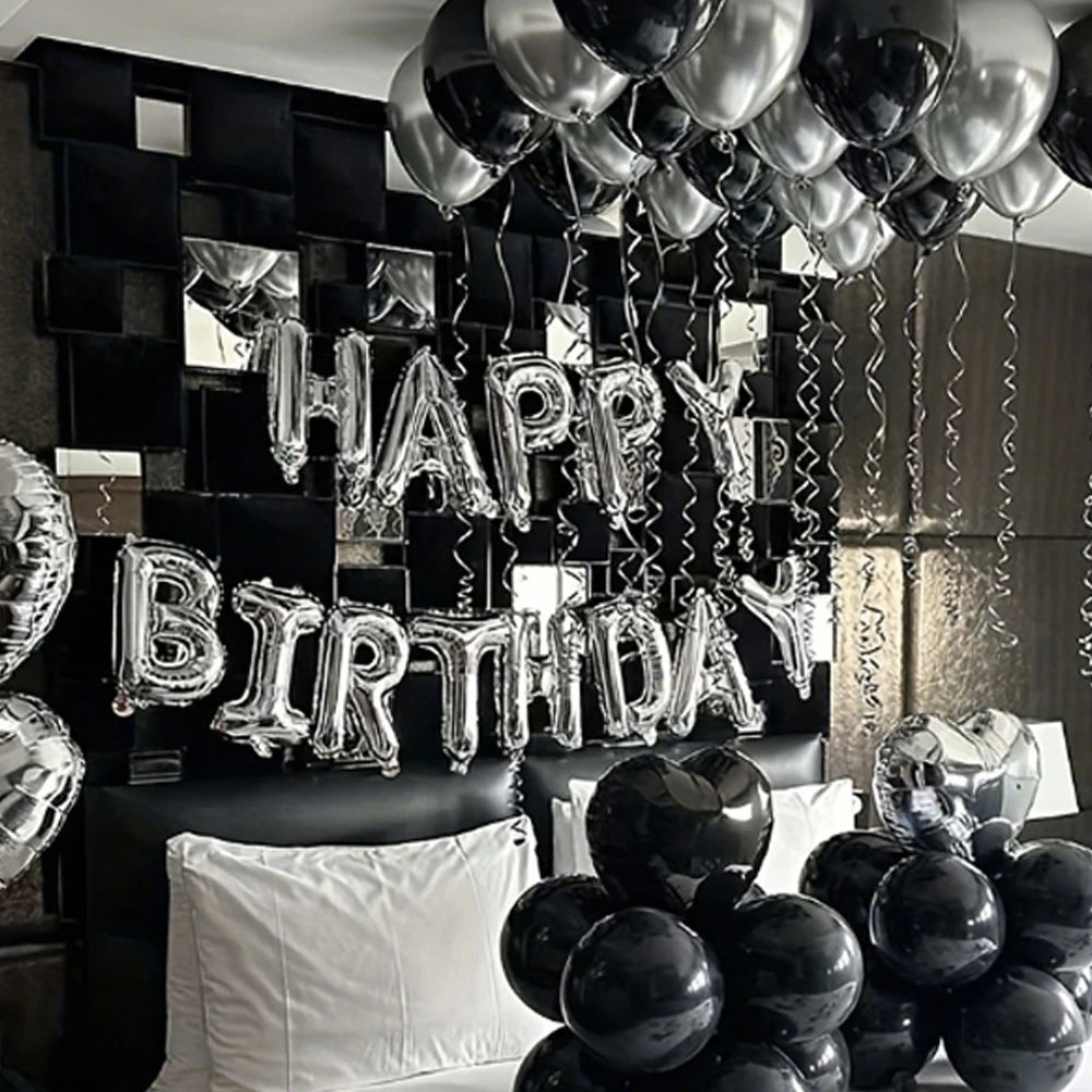 [Birthday Balloon Set] 16inch Silvery Alphabet Balloons, 18inch Black&Silvery Heart Balloons Used for Birthday Party Decoration