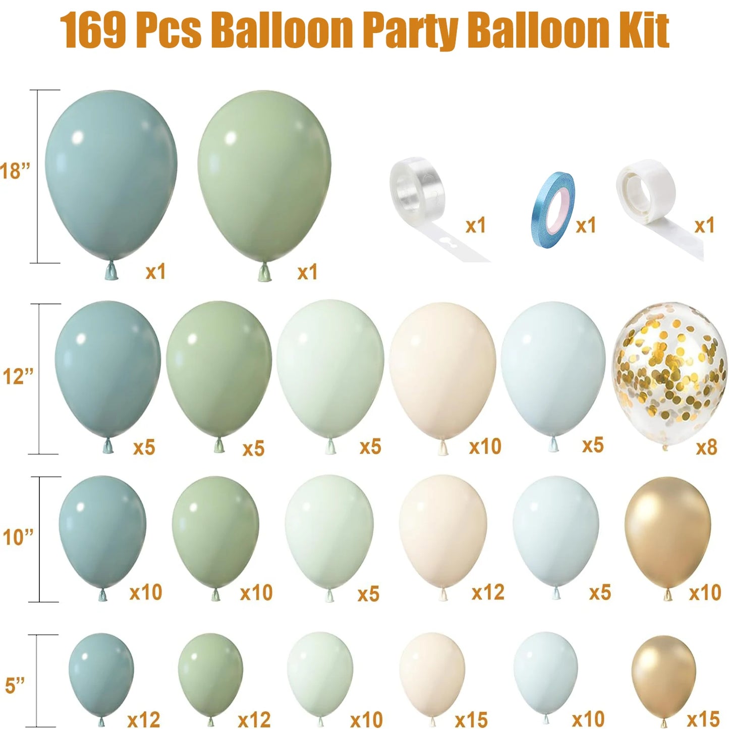169Pcs gray blue green latex balloon set suitable for birthday parties, weddings, Valentine's Day party decoration