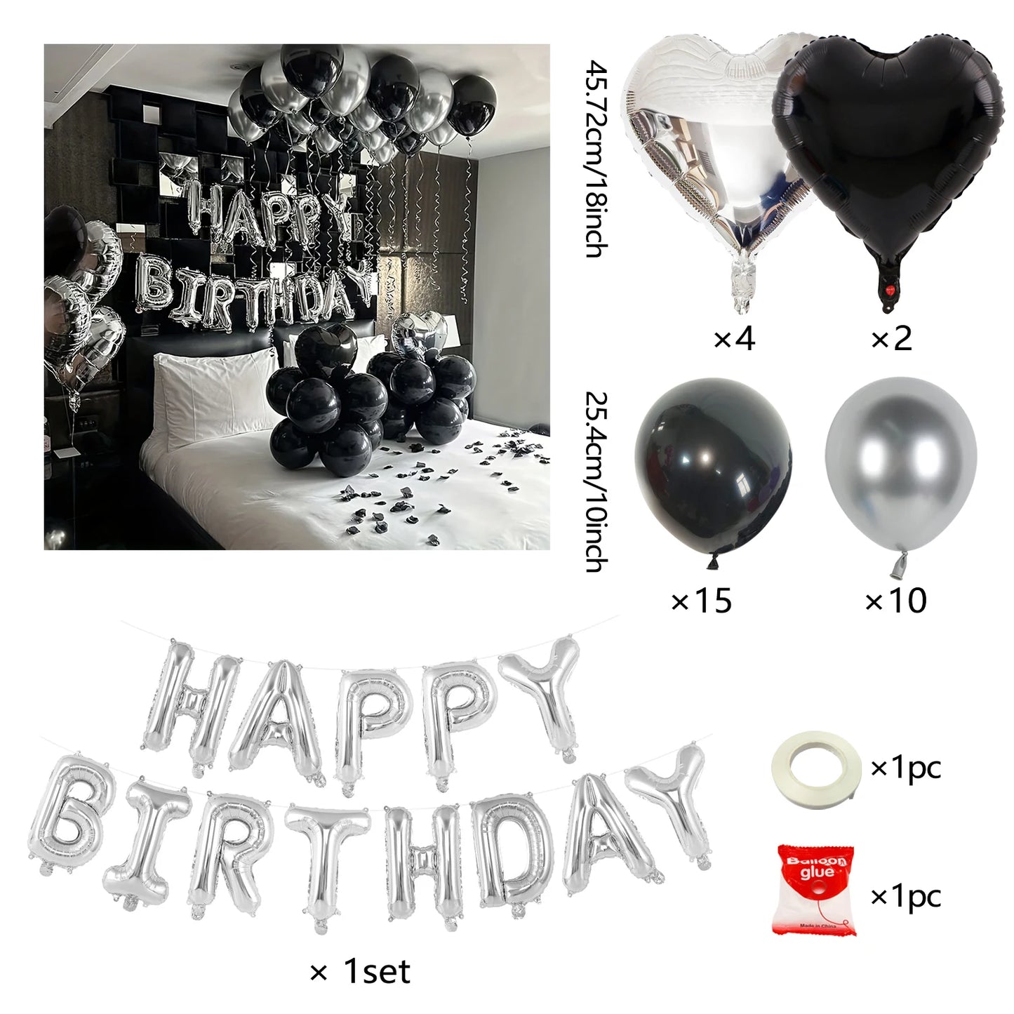 [Birthday Balloon Set] 16inch Silvery Alphabet Balloons, 18inch Black&Silvery Heart Balloons Used for Birthday Party Decoration