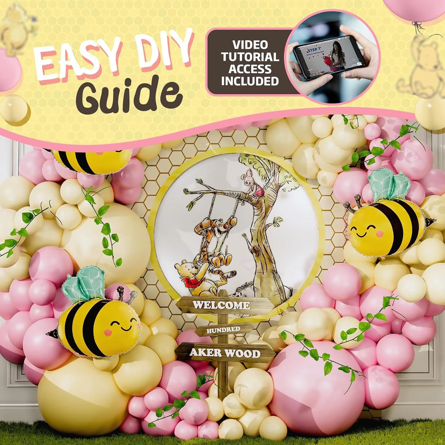 Pink and Yellow bule Balloons for Honeycomb Bear Birthday Decorations & Baby Shower Balloons-  Pooh balloons large bee balloons